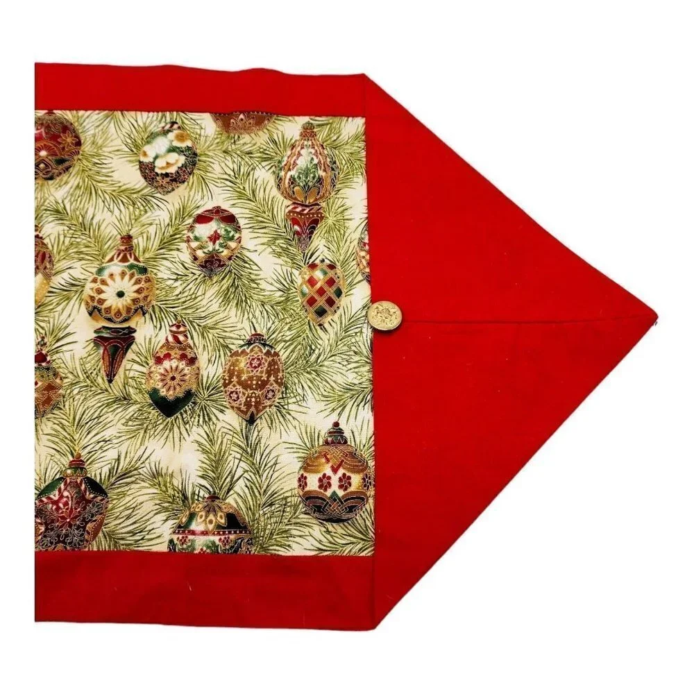 Vintage Holiday Table Runner Ornaments Pines Military Button Accent 14-1/2 x 39